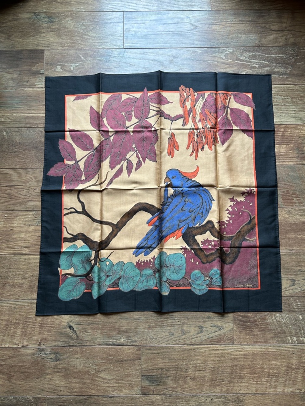 Vintage Blue Parrot Print 100% Thai Silk Scarf - Black Border